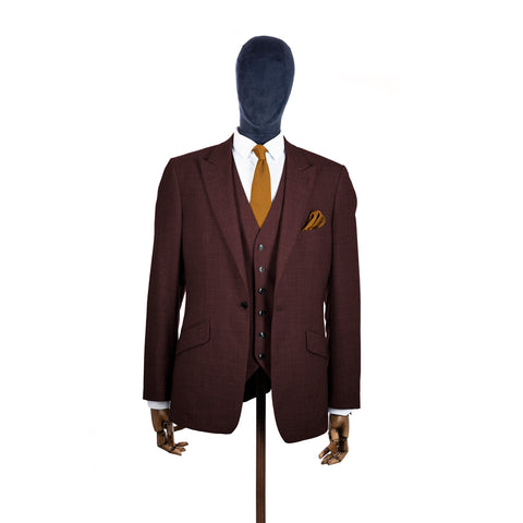 Orange Ember knitted tie and pocket square with brown suit on a mannequin-BroniandBo