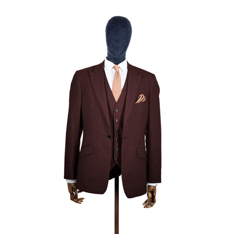 Rose Quartz knitted tie and pocket square with brown suit on a mannequin-BroniandBo