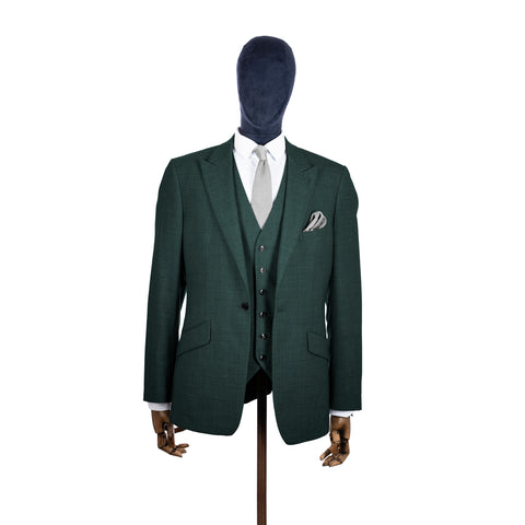 Silver knitted tie and pocket square with green suit on a mannequin-BroniandBo