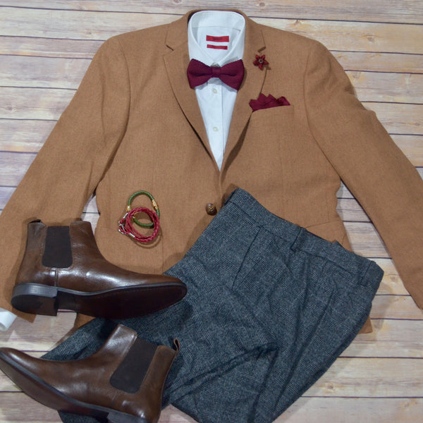 Style Ideas for Men this winter camel jacket and bow tie