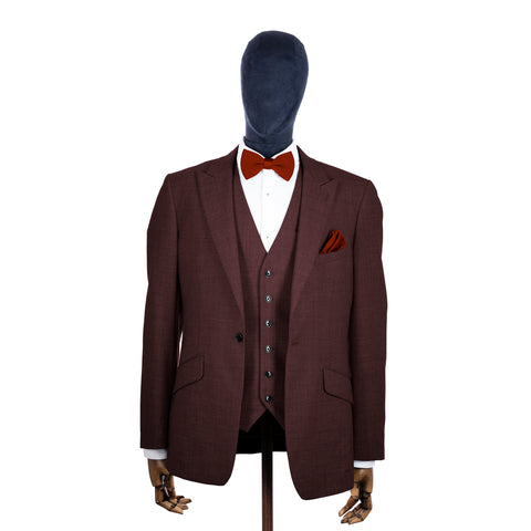 Terracota knitted bow tie and pocket square with brown suit on a mannequin-BroniandBo