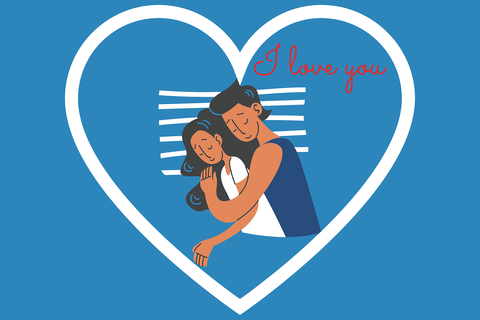 Herz mit Mann und Frau die sich umarmen auf blauen hintergrund