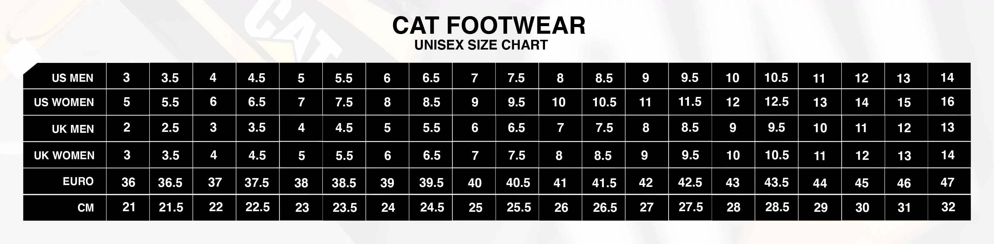 CAT - Unisex Size Chart