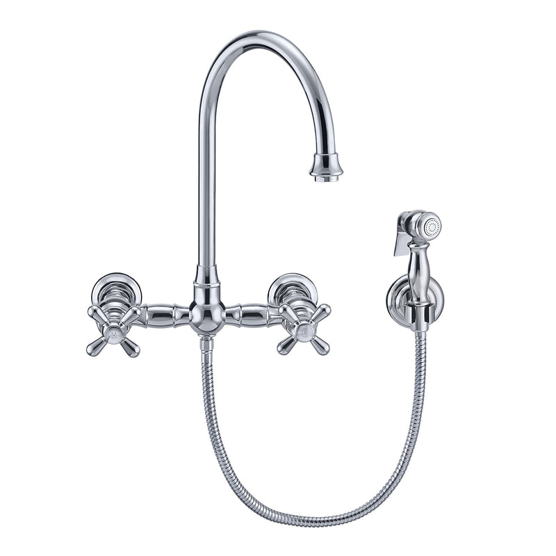 Bridge Faucet with Long Gooseneck Swivel Spout, Cross Handles and