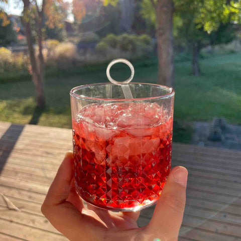 Pathfinder Negroni with Giffard Campari Monday Gin and Pathfinder with Frosted Circle Stir Stick by LeeMo Designs in Bend Oregon