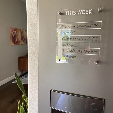 Magnetic Clear Acrylic Dry-Erase board on fridge with weekly meal planning list