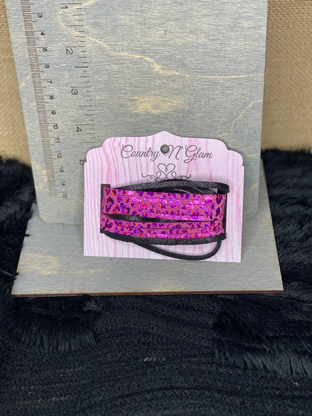 Holo pink leopard and shimmer black leather bracelet