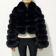 Short Style Zip Up Faux Fur Crop Coat With Collar