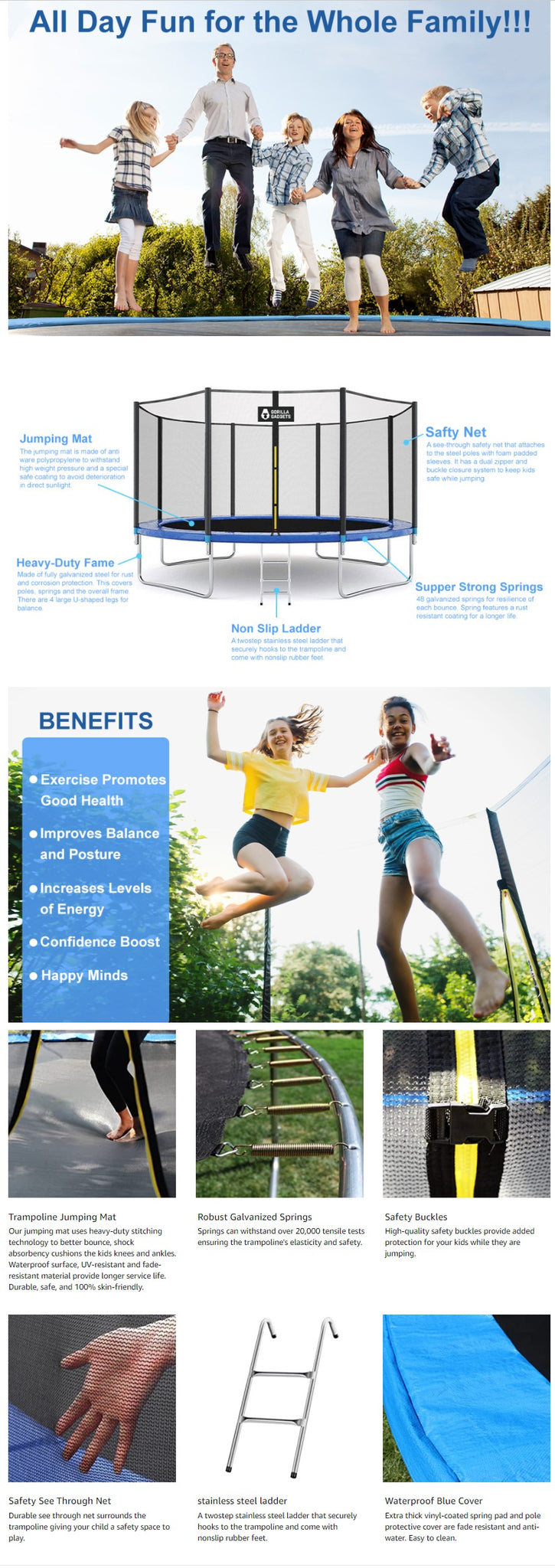 Outdoor Trampoline - Galvanized Steel Frame - Gorilla Gadgets