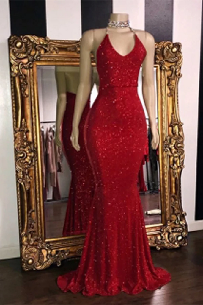 Buy Sexy V Neck Red Glitter Sequins Prom Dresses Mermaid Halter ...