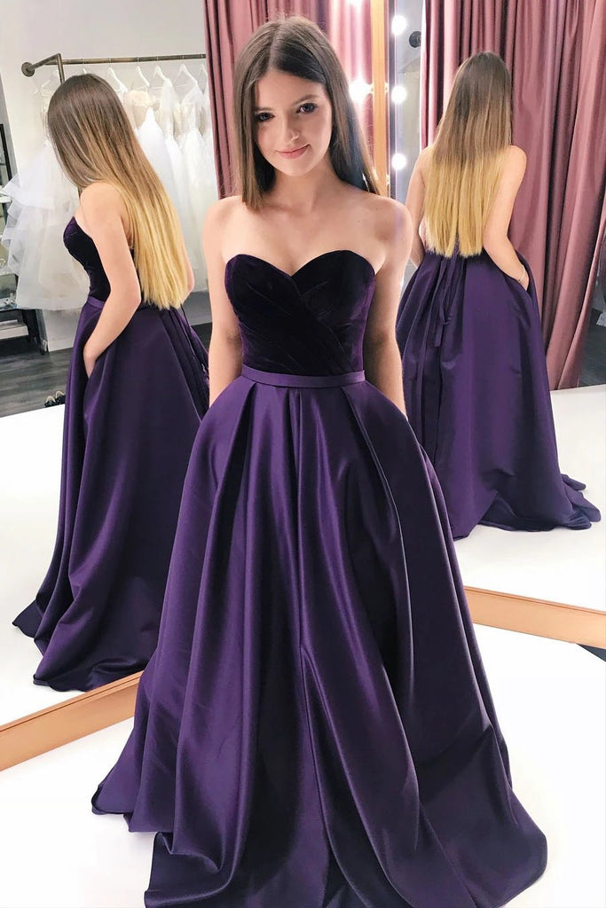 Buy A Line Purple Satin Sweetheart Long Prom Dresses With Pockets Strapless Evening Dresses