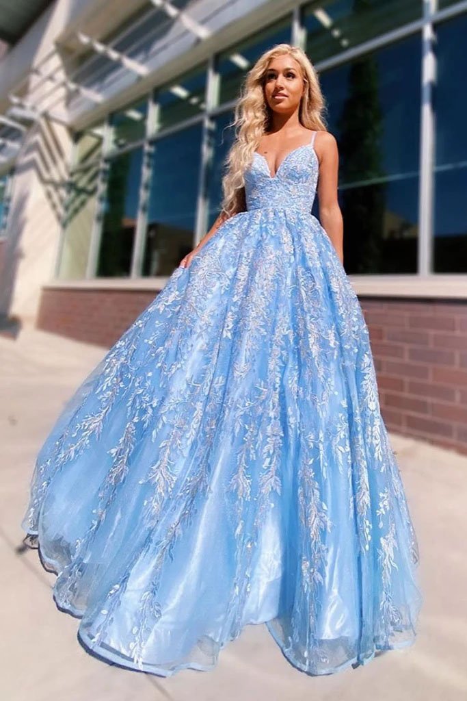 Buy Flowy Ball Gown Light Blue Spaghetti Straps Prom Dresses, Lace ...