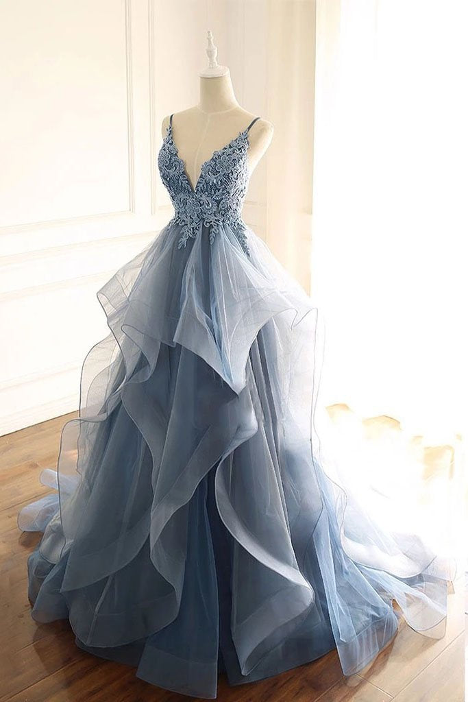 Buy Spaghetti Straps Blue Gray Tulle V Neck Long Ruffles Prom Dresses With Lace Applique 2033