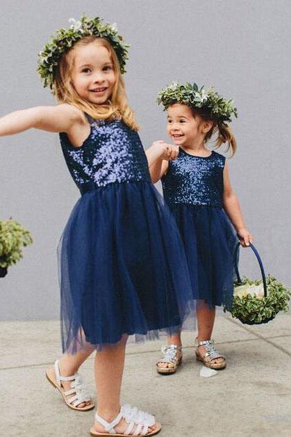 Vintage Navy Blue Sequins Flower Girls 