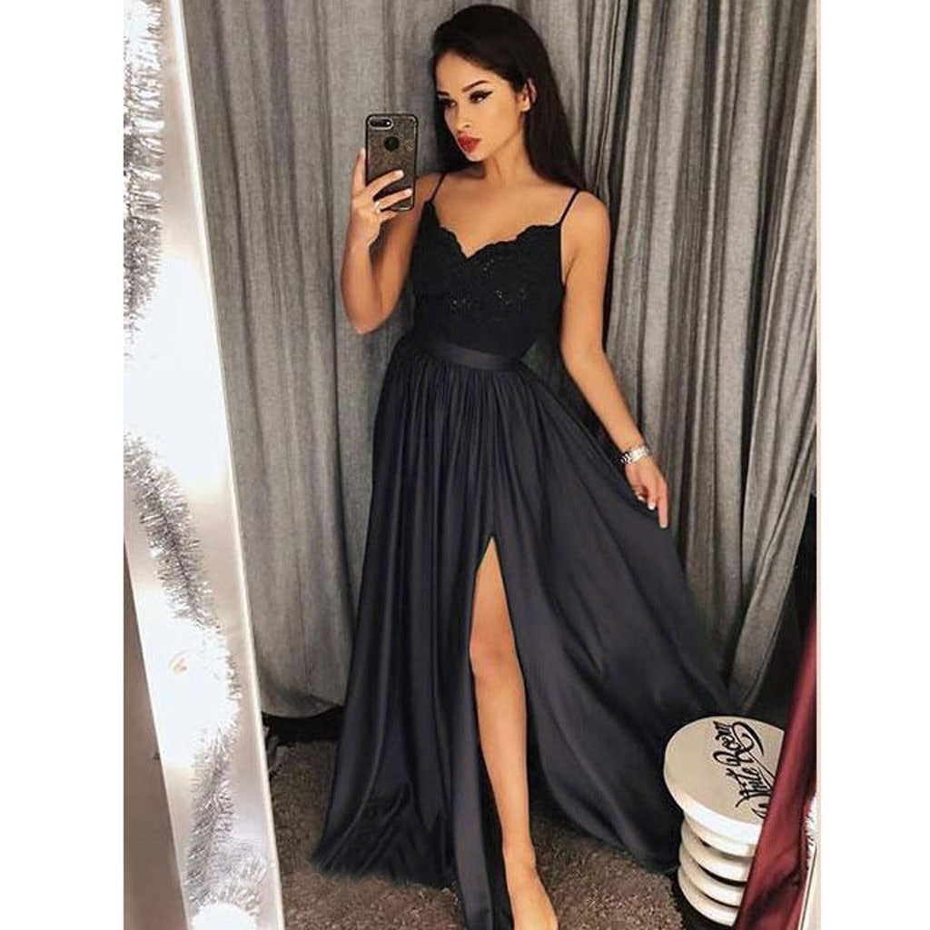 Buy Dark Green Spaghetti Straps Split Front Lace Long Sleeveless Prom ...