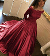 Satin Ball Gown Gold Long Sleeves Scoop Lace Appliques Beads Floor Length Prom Dresses WK771