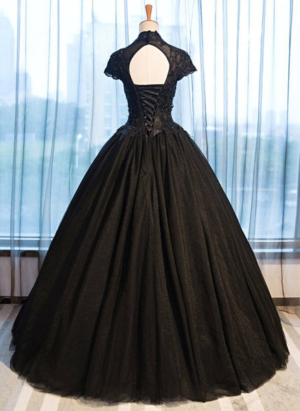 Buy Black Tulle Cap Sleeve Long High Neck Beads Ball Gown Open Back ...