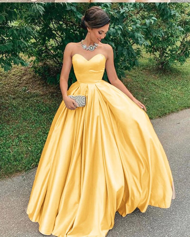 Buy A Line Yellow Satin Prom Dresses Strapless Sweetheart Sleeveless Party Dresses Swk15046 7682