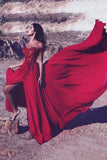 Red Slit Off The Shoulder Prom Dresses A Line Chiffon With Applique And Beads