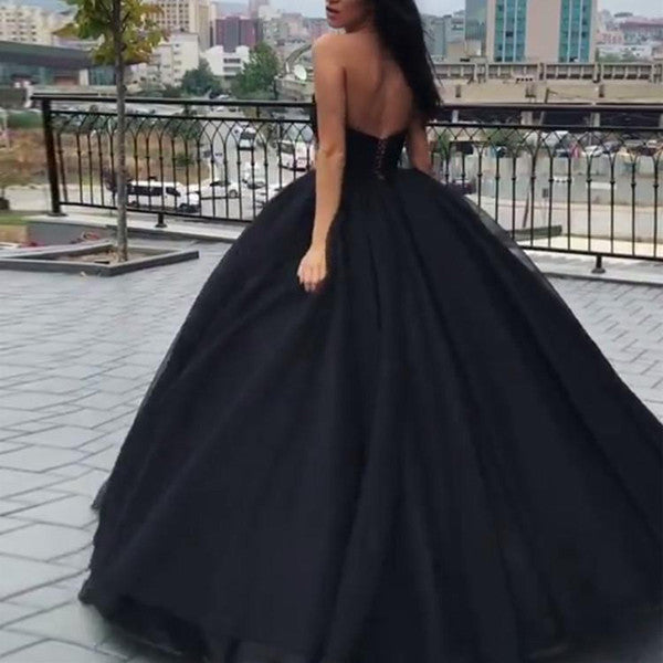 Buy Black Sweetheart Ball Gown Beaded Princess Cheap Strapless Prom ...