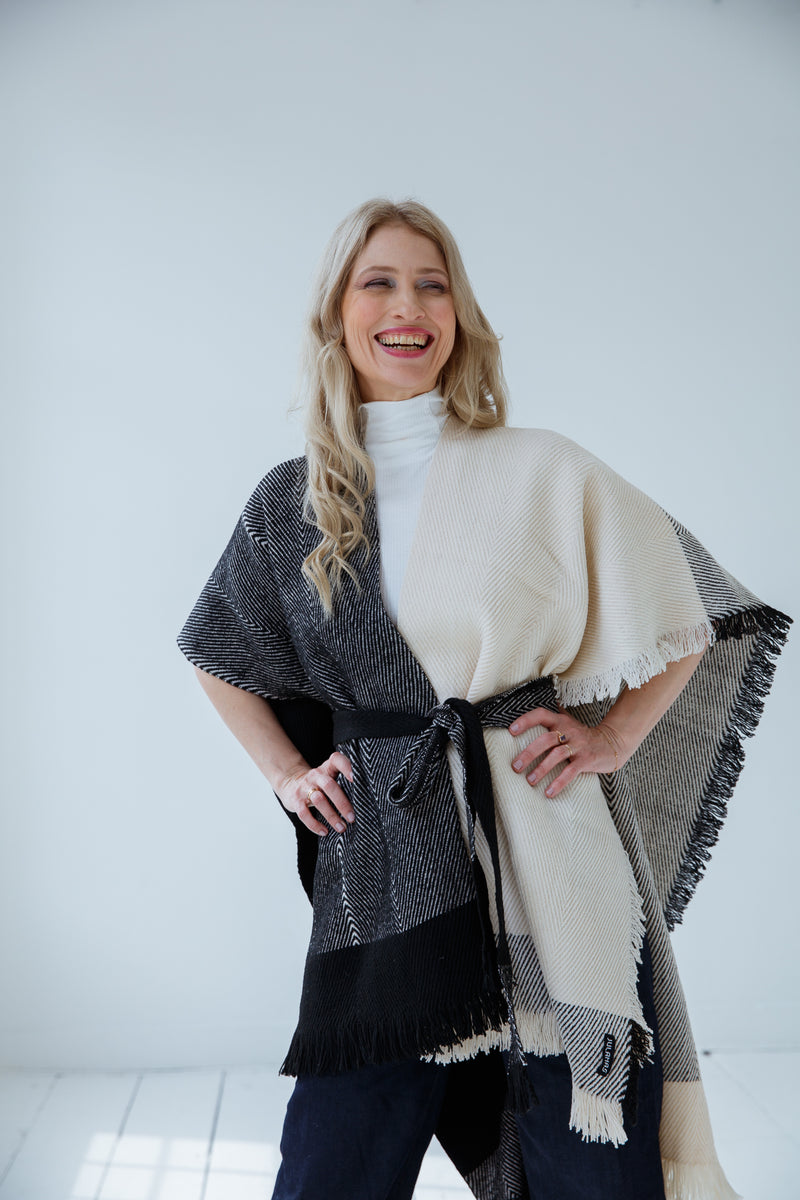 Stylish Black & White Wool Ruana Cape for Women | JULAHAS BEYOND