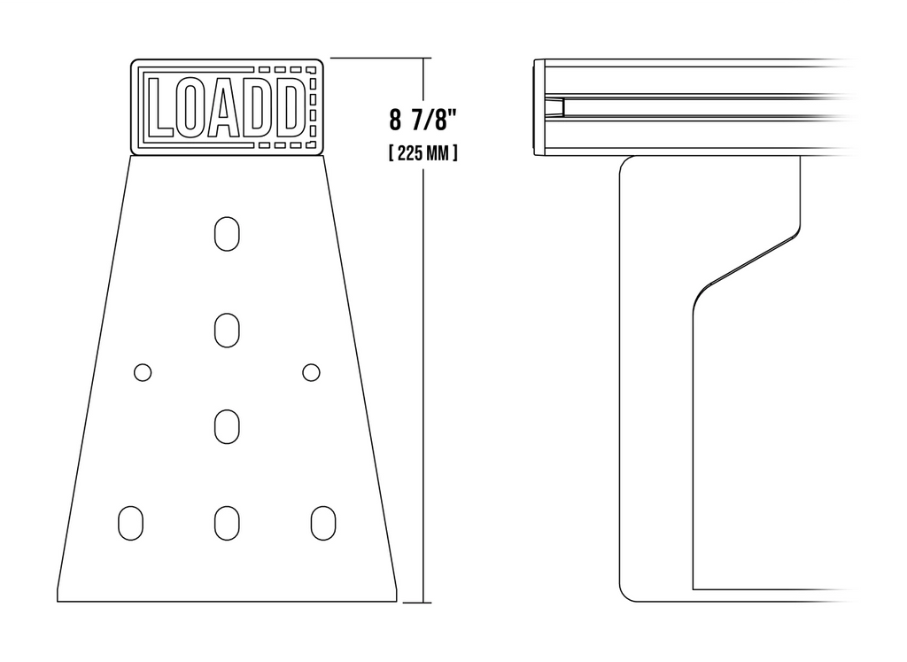 Height dimensions of a truck crossbar rack system showing a height of 8.875 inches or 225 millimeters