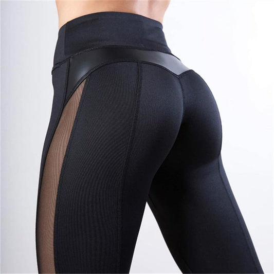 Black Fitness Legging Women Heart Workout Legginngs Mesh And Leather Patchwork Leggings - My Web Store Shopping
