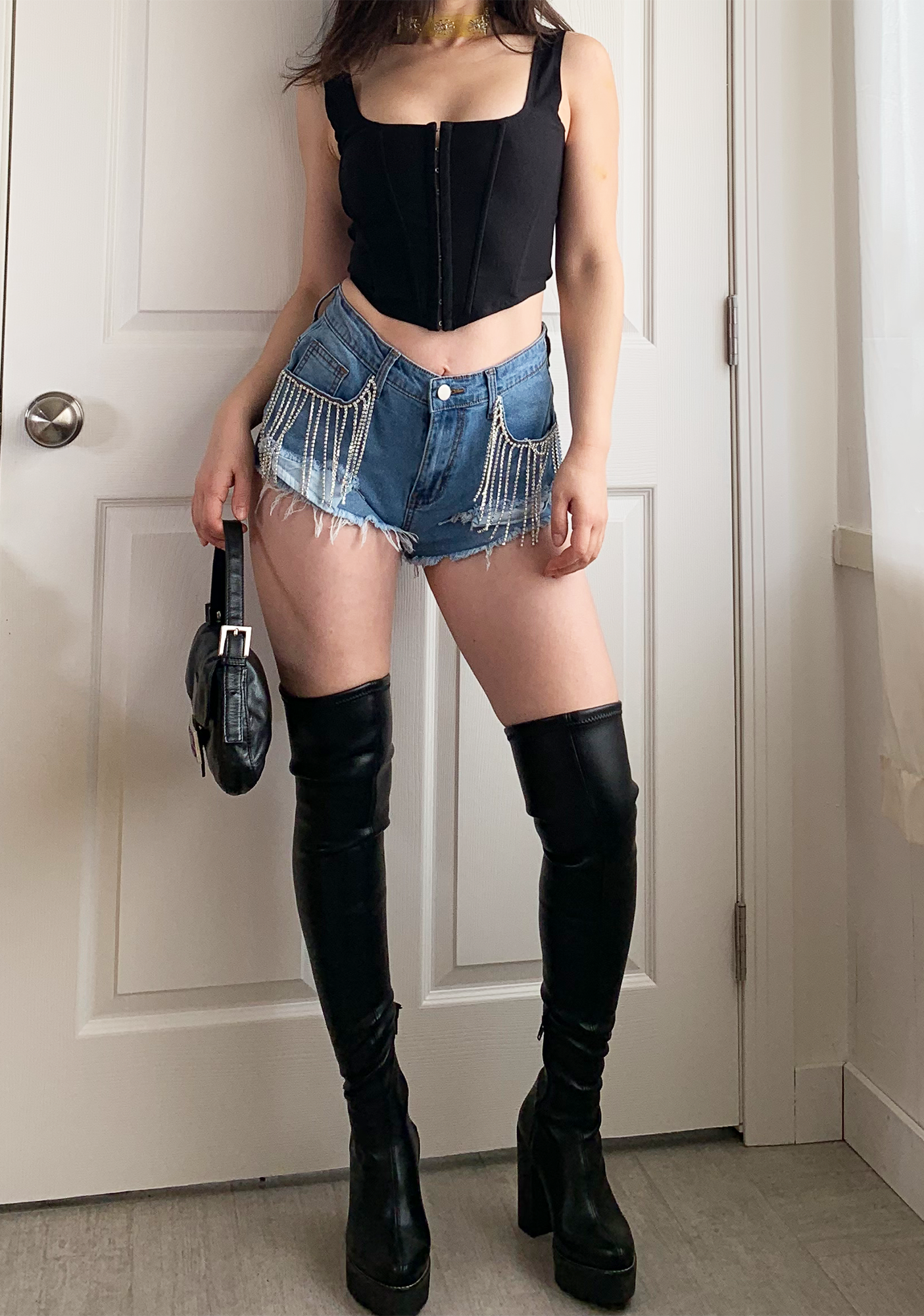 denim shorts and knee high boots