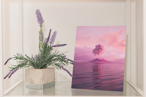metal print of a pink sky next to a vase of pink flowers