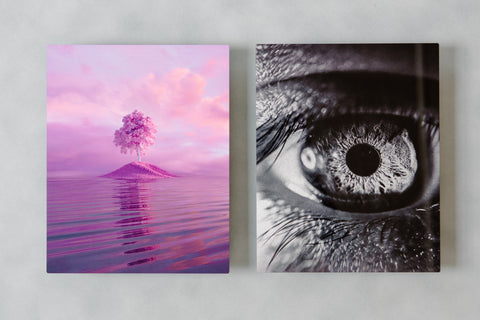 metal print of a pink tree and a black and white close up of an eye