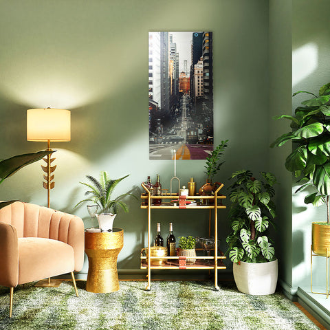 metal print on aluminum of city skyline in a green living room