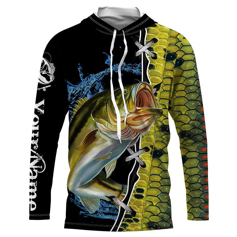 Personalized Bass Fishing jerseys, Bass green scales Fishing Long Slee ...