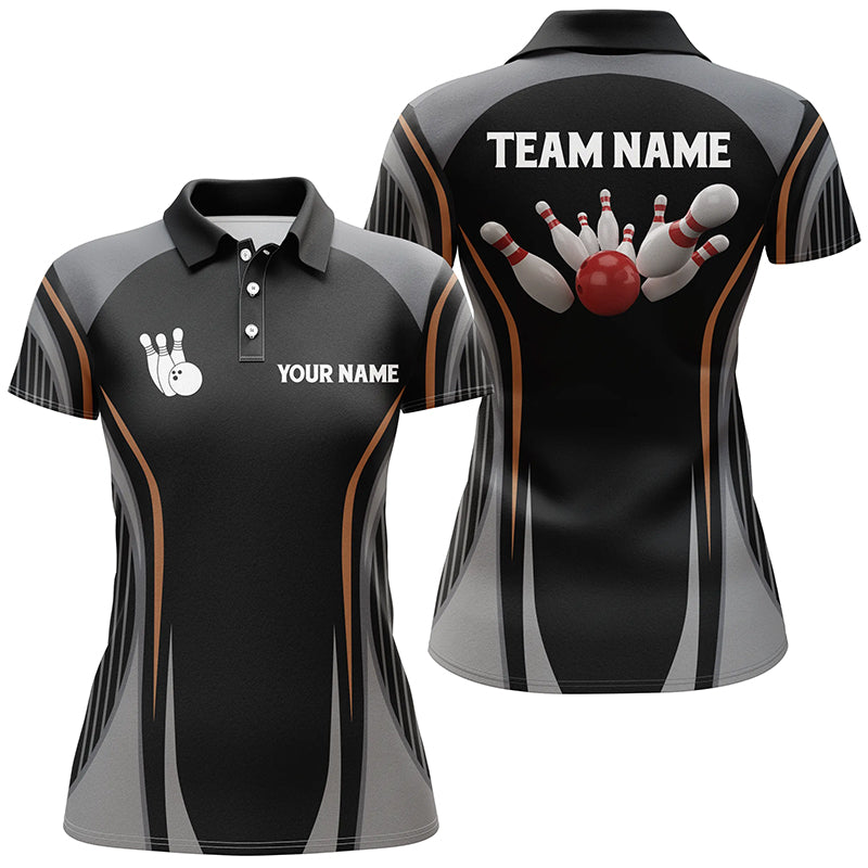 Bowling polo shirts for women Custom bowling ball and pins black vinta ...