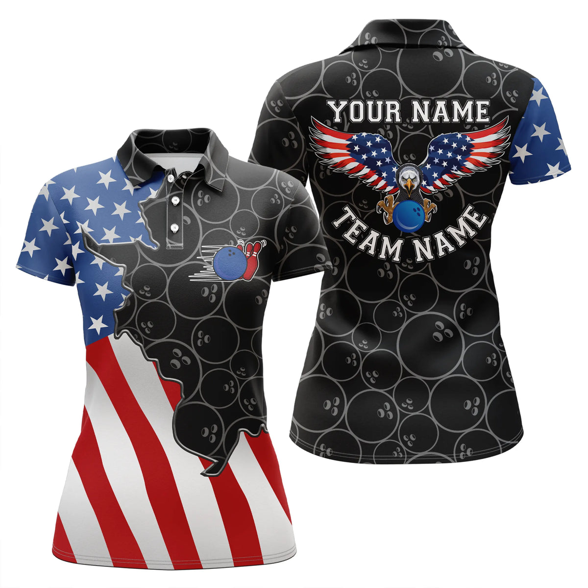 American flag patriotic retro Bowling polo shirts for women custom bla ...