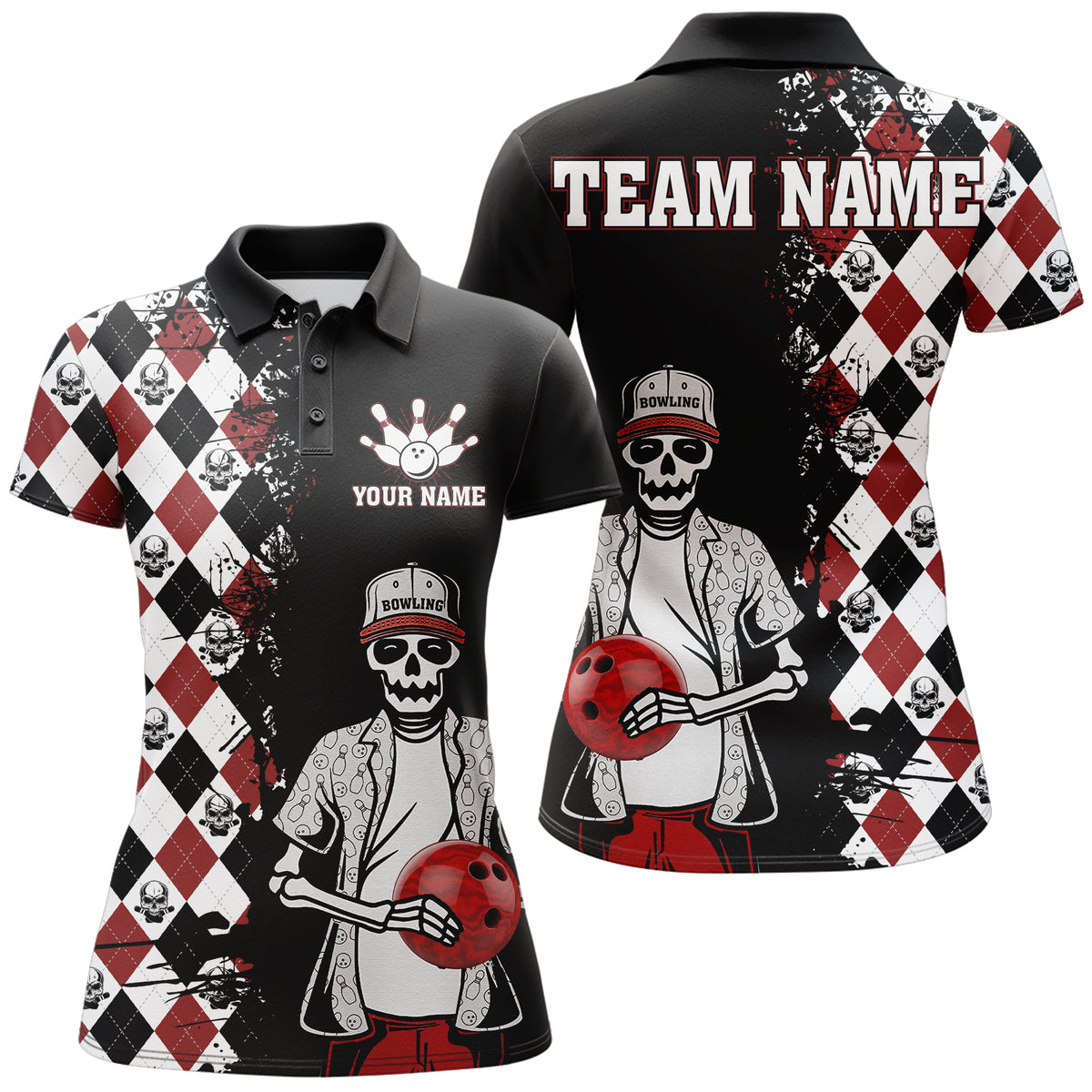Women Polo Skull Bowling Shirt, Personalized Name Argyle Bowling Patte ...