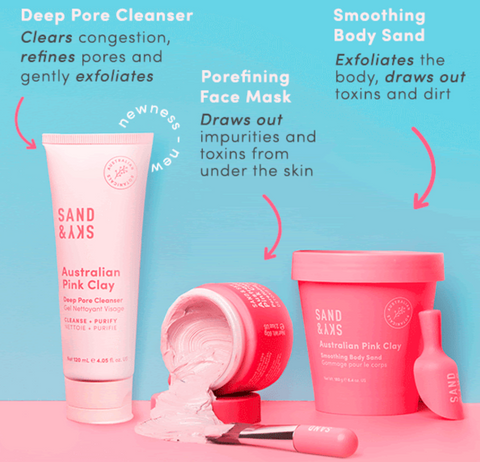 deep pore cleanser, porefining face mask and smoothing body sand products