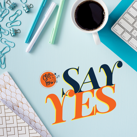 Turquoise, white, blue and mint green styled desk flat lay stock photo image with "SAY YES"