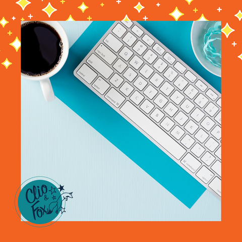 Turquoise Airy Desk styled desk stock image with an orange border and stars