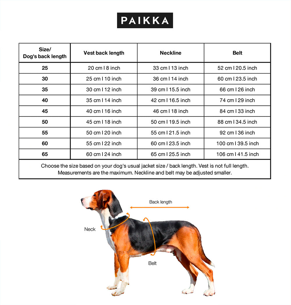 Paikka Dog Vest Sizing Chart