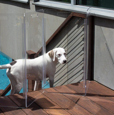 Large dog standing next to acrylic dog gate for outdoors