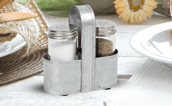 Farmhouse Salt and Pepper Shakers Set With Metal Caddy by Saratoga Home
