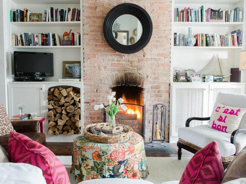 modern fireplace with bookshelf