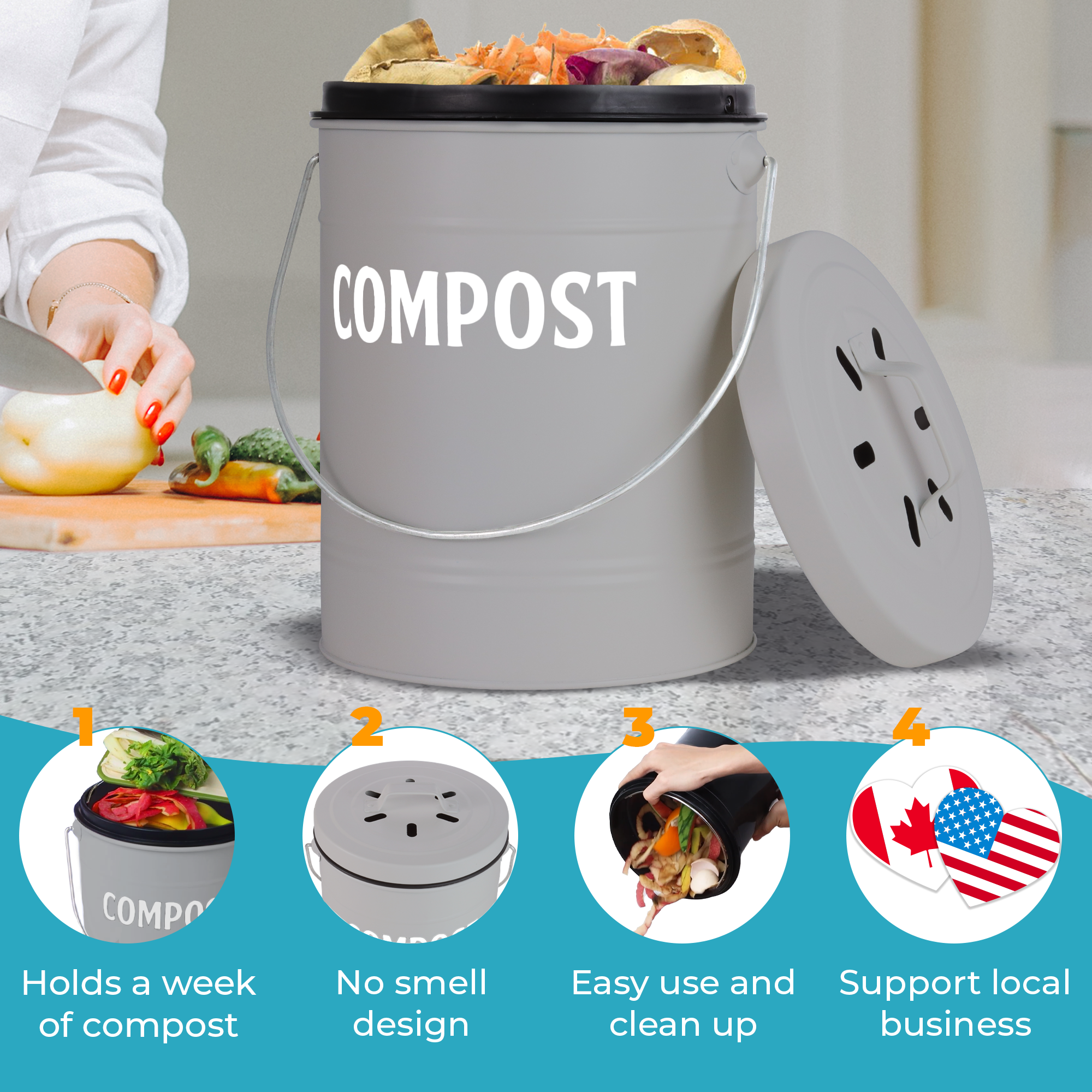 Stylish Farmhouse Kitchen Compost Bin - 100% Rust Proof w/Non Smell Fi