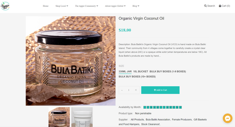 Example Product page for batiki virgin coconut oil fiji Aggie Global Shop Online Guide