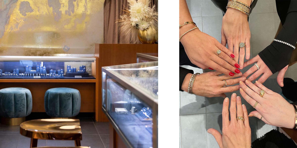 Greenwich St. Jewelers showroom and female staff hands together wearing rings