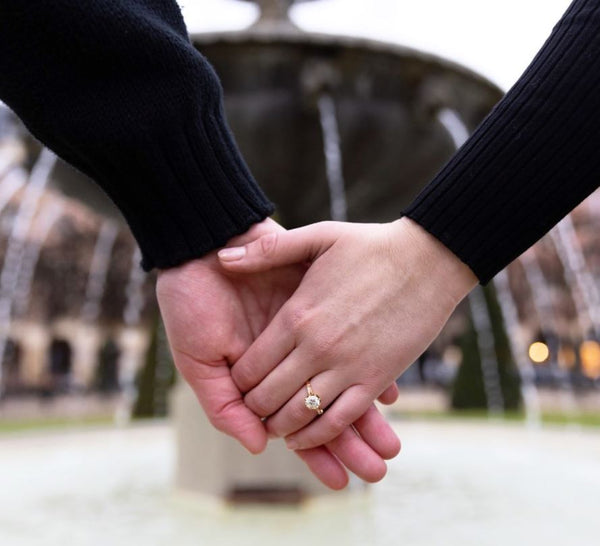 Hands holding with engagement ring