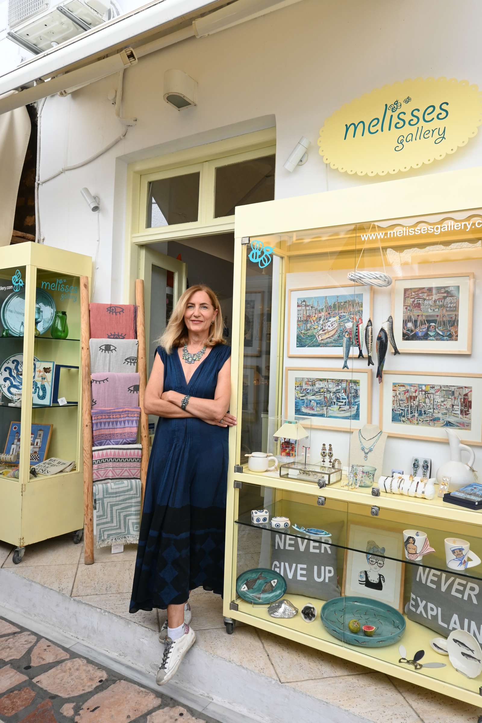 Nicky Bee outside Melisses Gallery in Spetses
