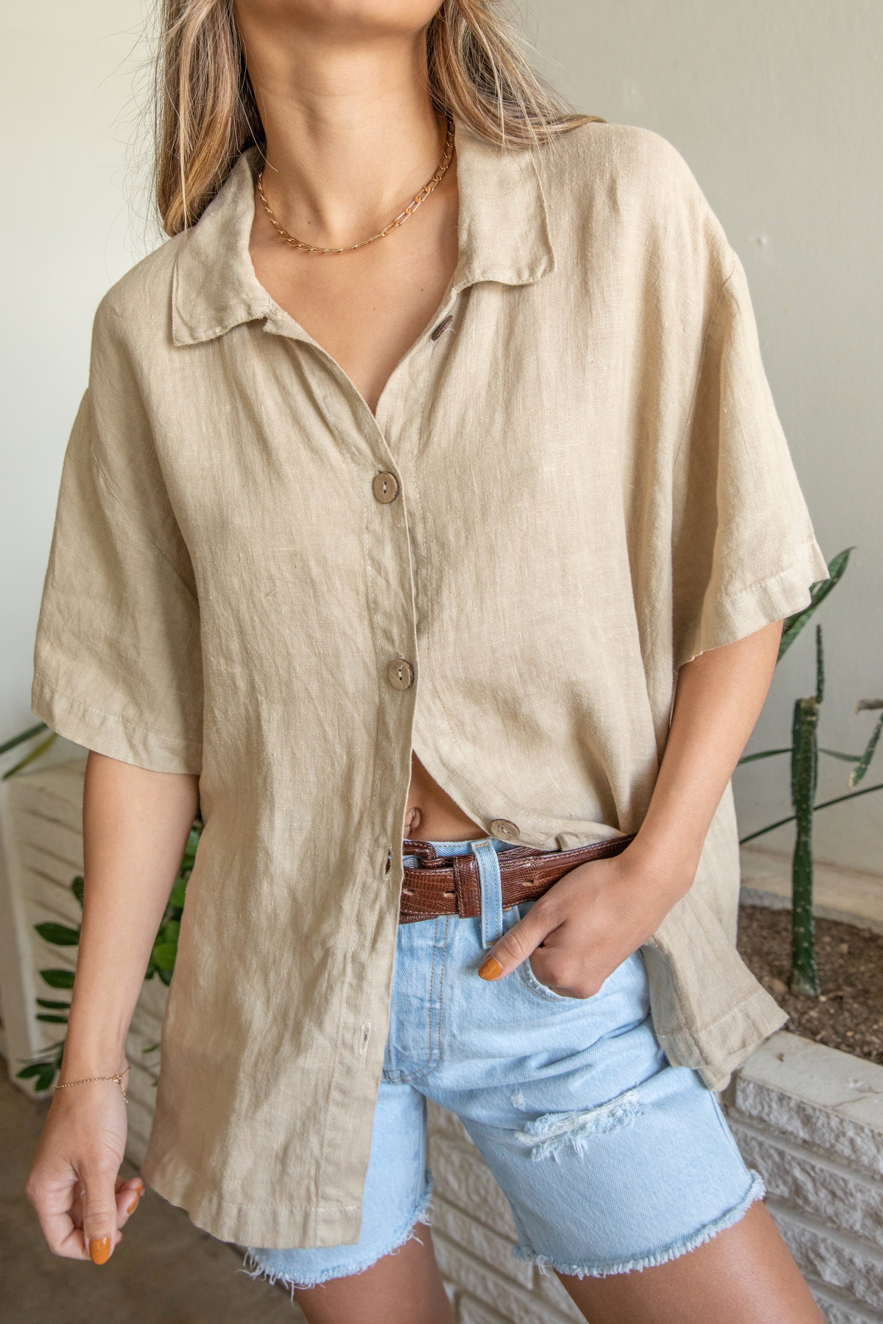 Beige Hot Cotton Linen Button Down