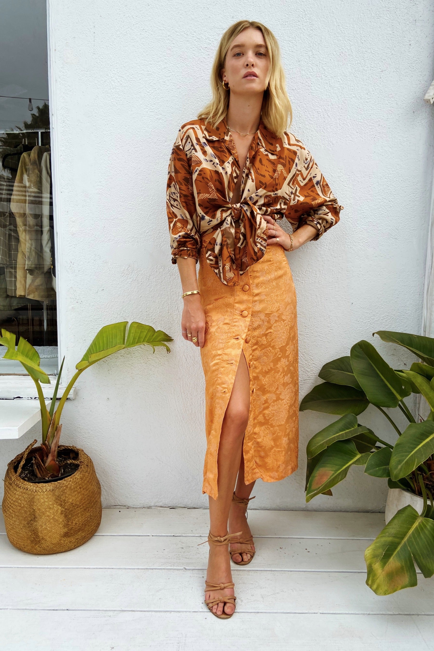 90s Orange Brocade Button Down Skirt