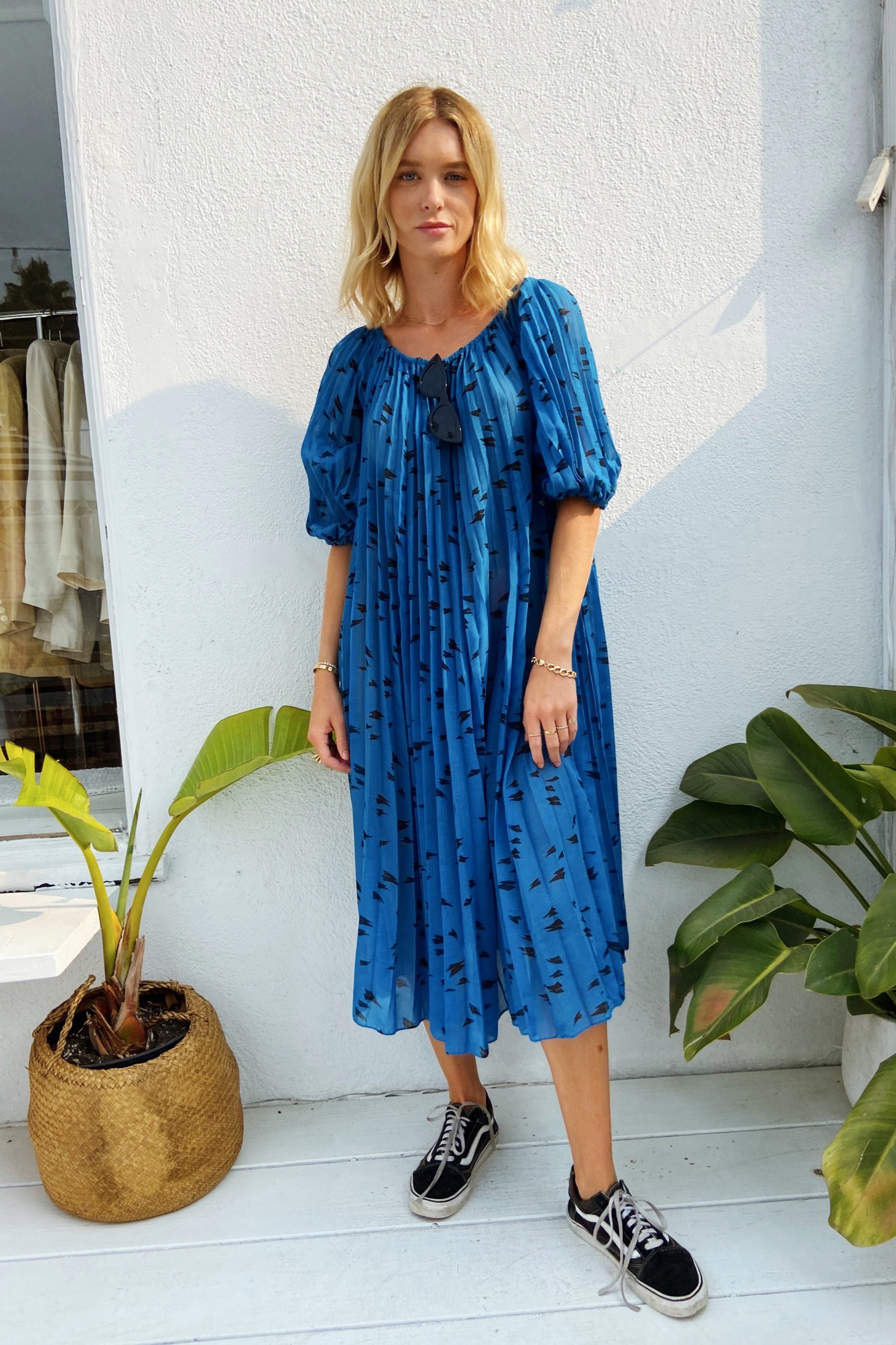 1980s Blue Dress with Accordion Details